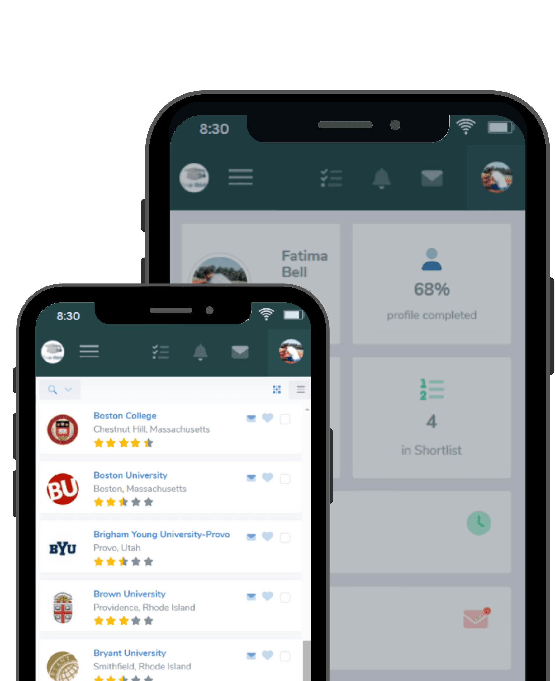 Smarthlete mobile app interface showing recruiting profile with college matches and ratings on two smartphone screens.