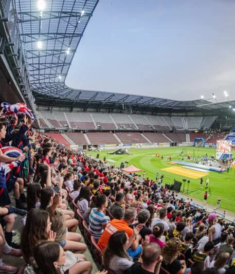 College football stadium on game day.